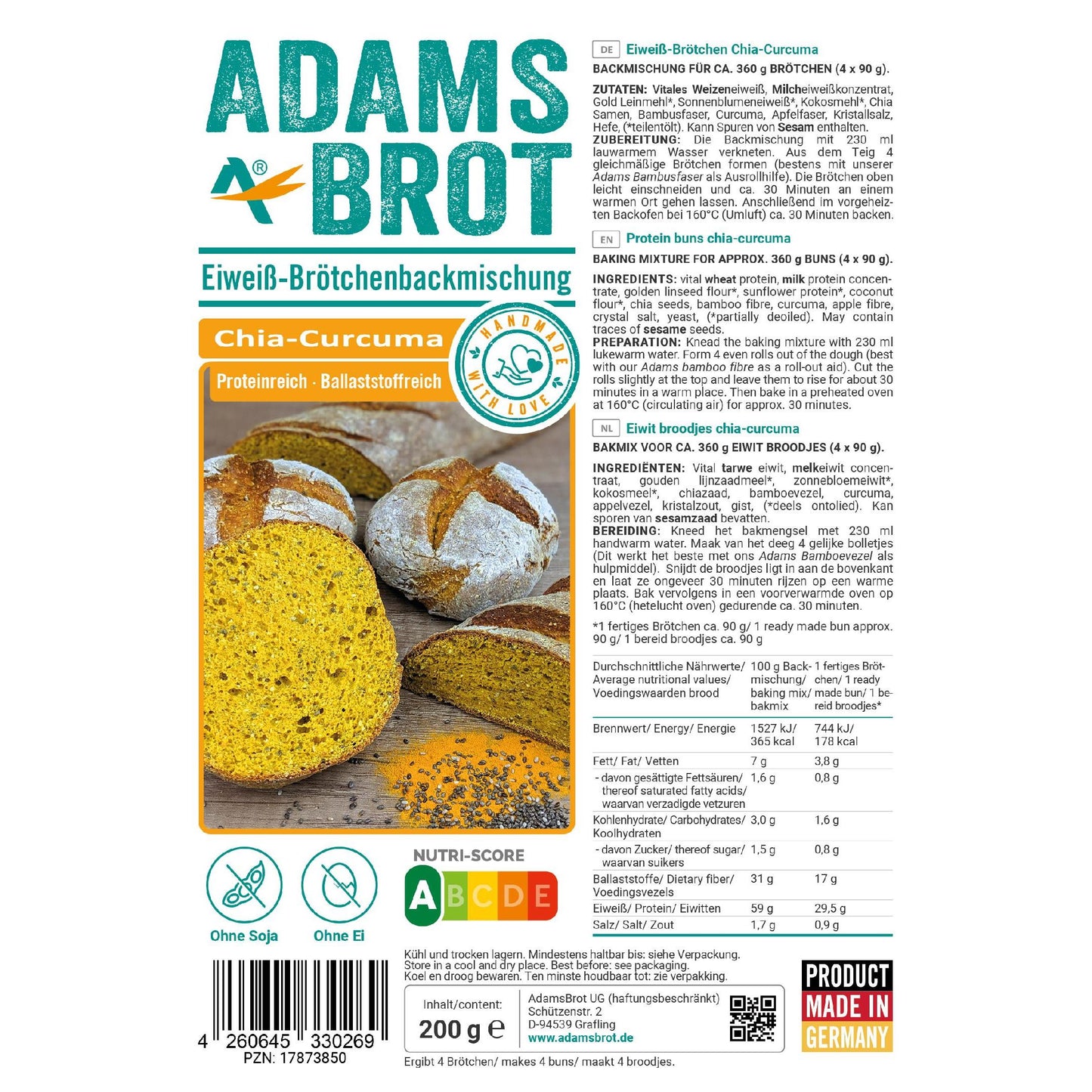 Adamsbrot - Eiweiß Brötchenbackmischung Chia-Curcuma 200g Beutel