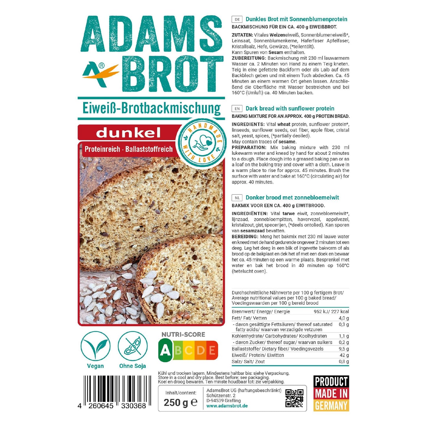 Adamsbrot - Eiweiß Brotbackmischung Dunkel 250g Beutel