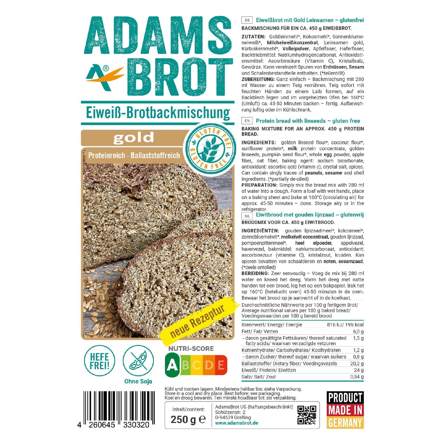 Adamsbrot - Eiweiß Brotbackmischung Gold 250g Beutel