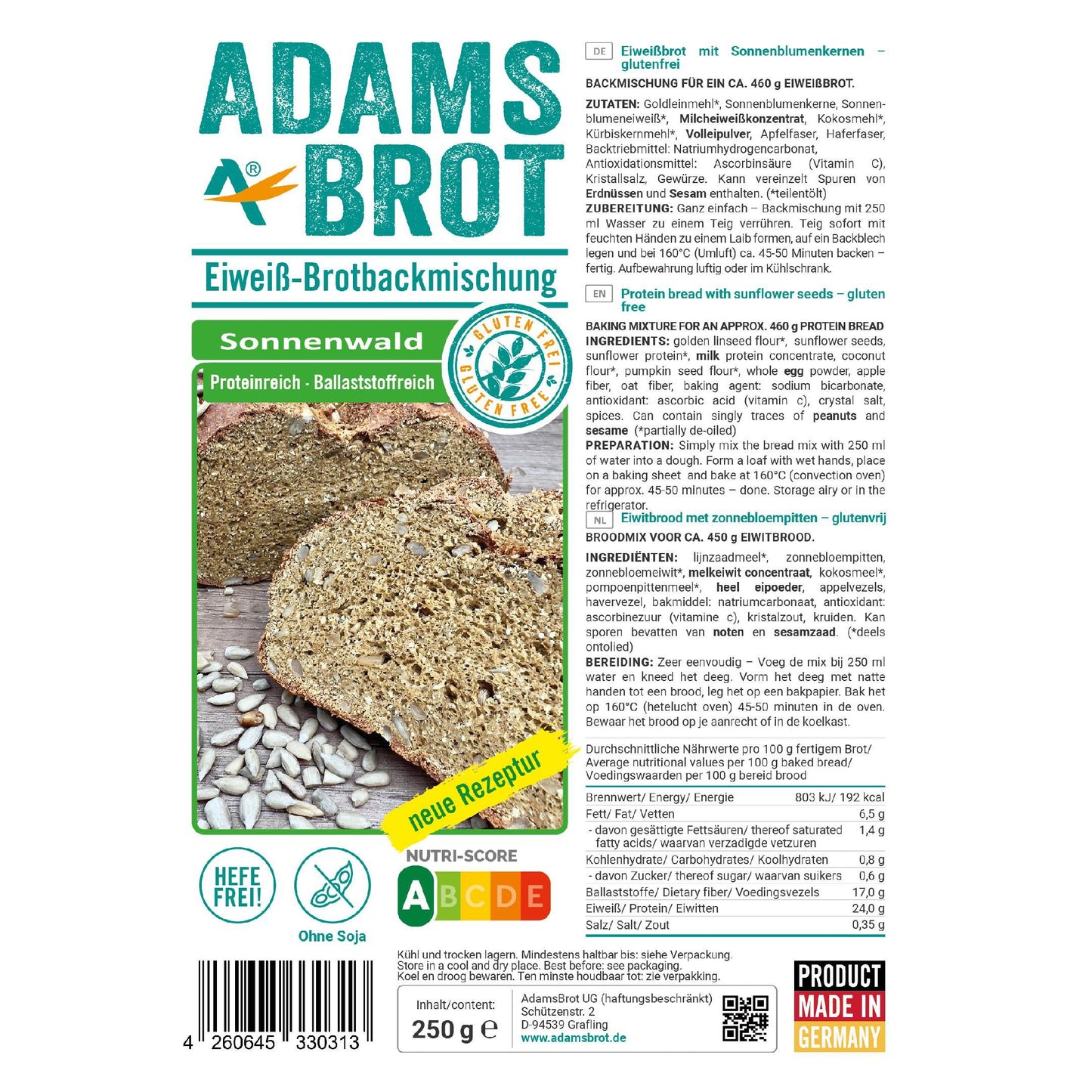 Adamsbrot - Eiweiß Brotbackmischung Sonnenwald 250g Beutel