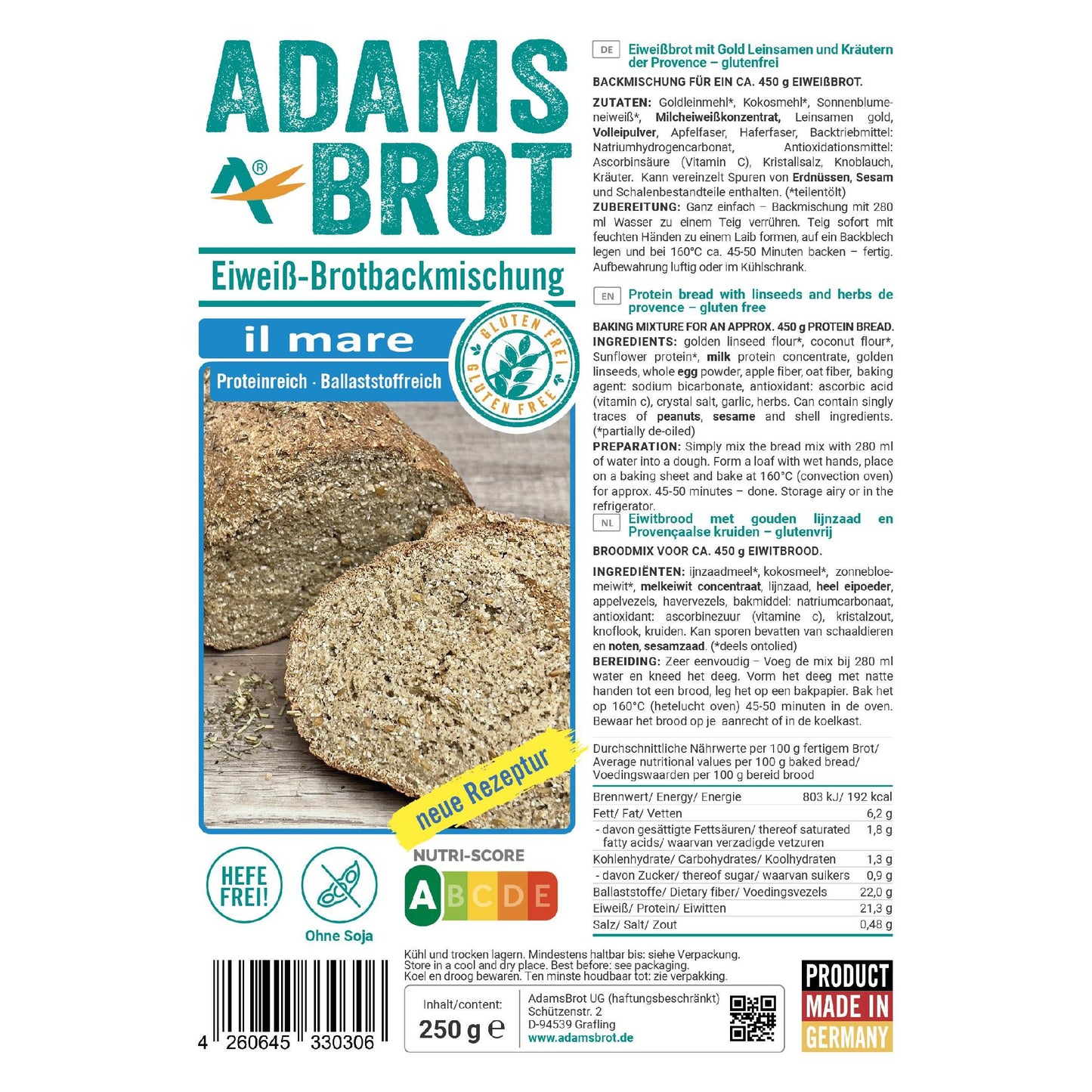 Adamsbrot - Eiweiß Brotbackmischung il mare 250g Beutel