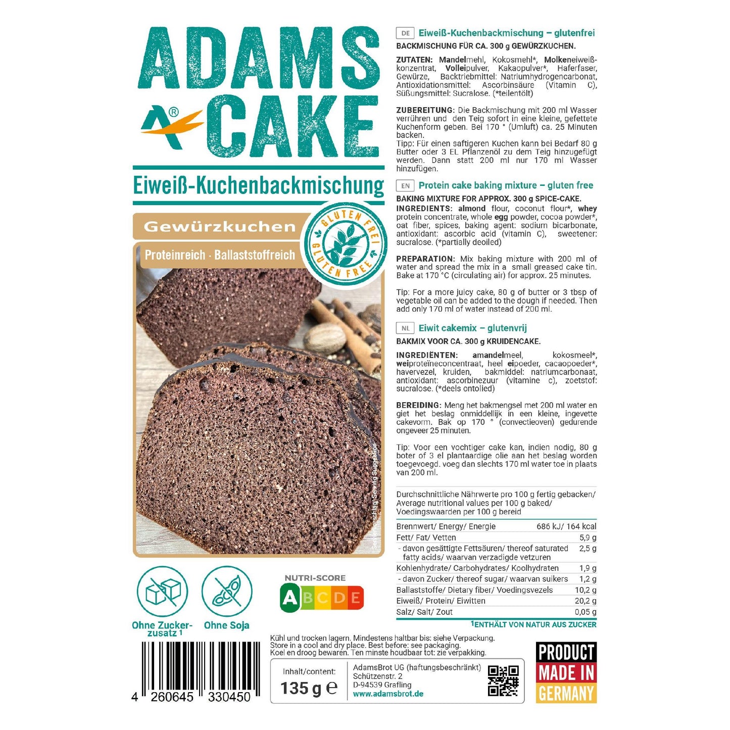 Adamsbrot - Eiweiß Kuchen Backmischung Gewürzkuchen 135g Beutel