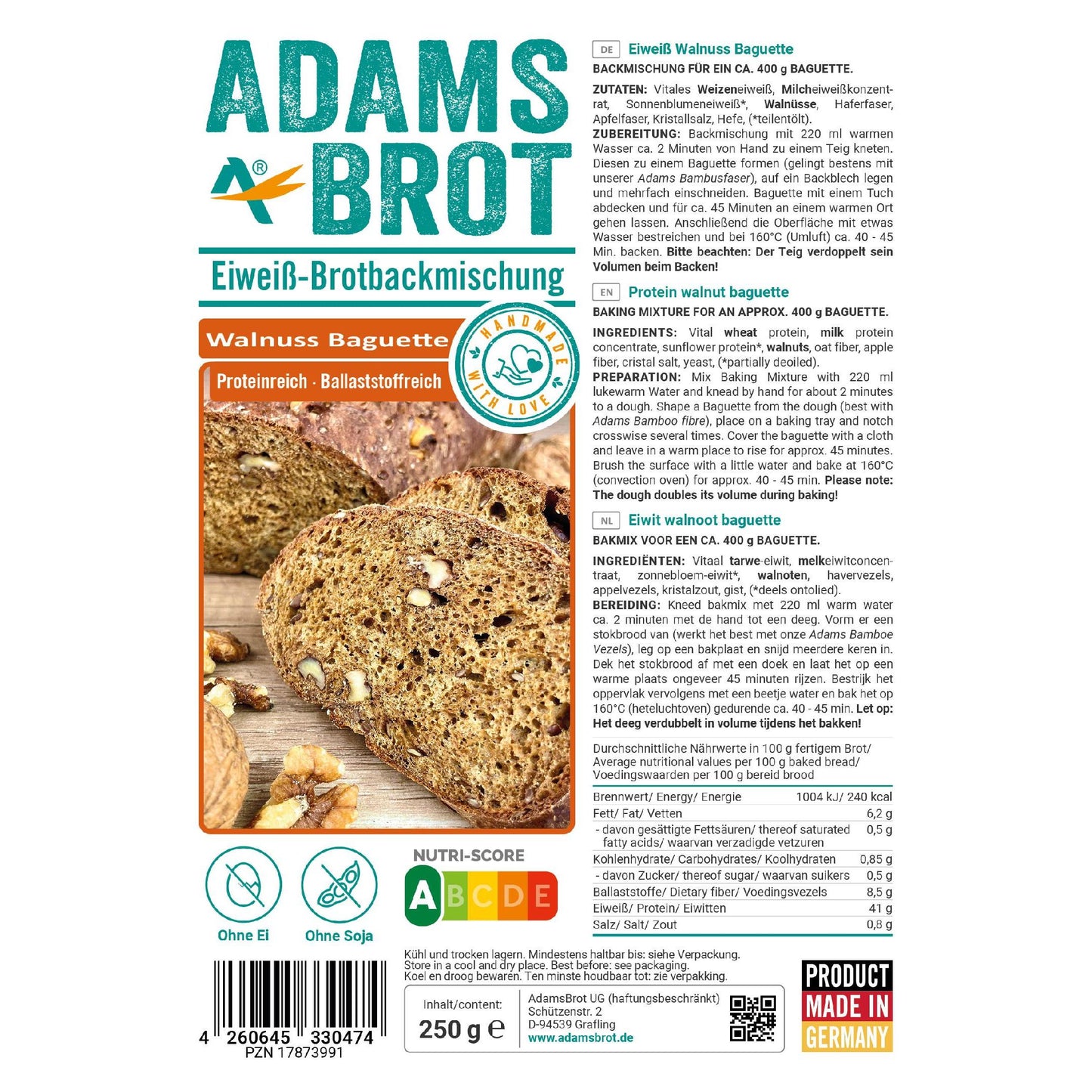 Adamsbrot - Eiweiß Walnuss Baquette Backmischung 250g Beutel