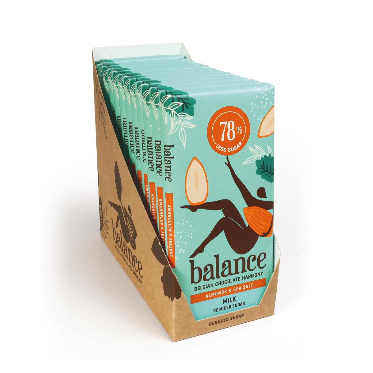 Balance - Belgische Schokolade mit 78% weniger Zucker 12 x 100g Tafel Milk Almond Sea Salt MHD 30.11.2026