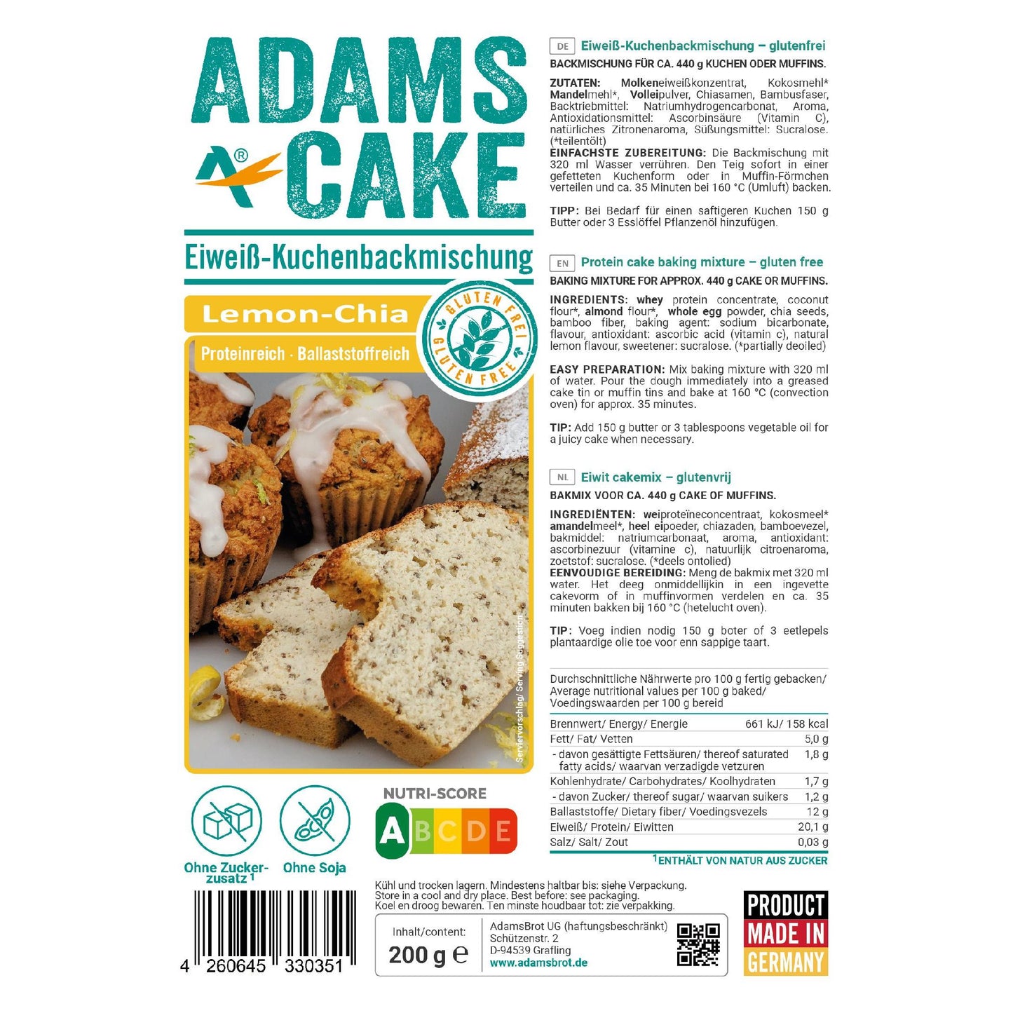 Adamsbrot - Eiweiß Kuchen Backmischung Lemon Chia 200g Beutel