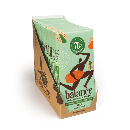 Balance - Belgische Schokolade mit 78% weniger Zucker 12 x 100g Tafel Pistachio Almond Walnut MHD 30.12.2025