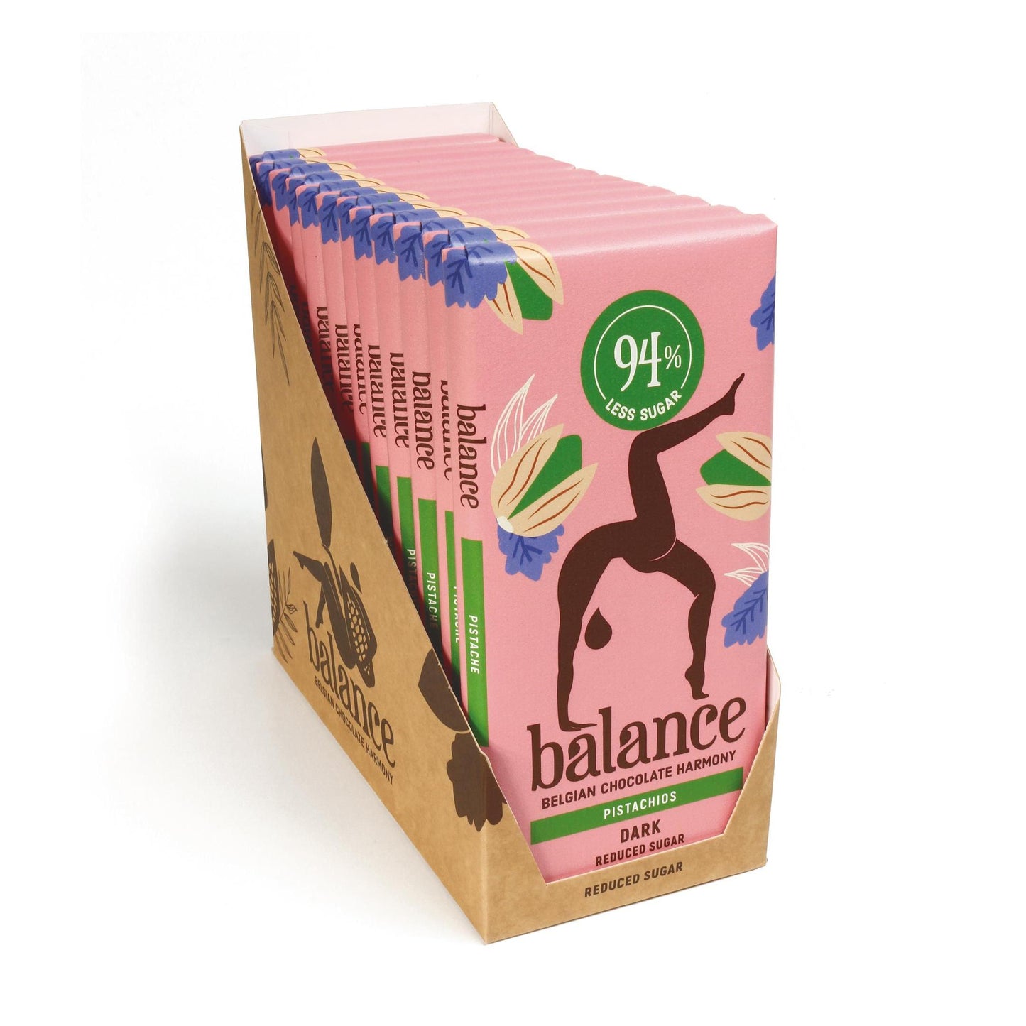 Balance - Belgische Schokolade mit 94% weniger Zucker 12 x 100g Tafel Dark Pistachio MHD 30.05.2025