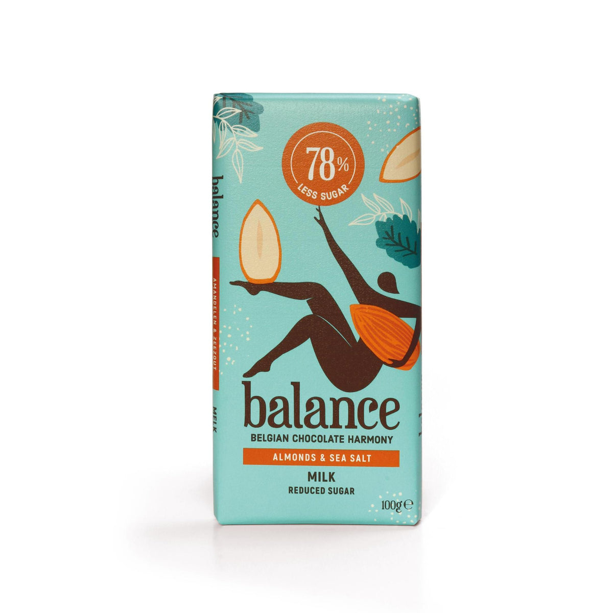 Balance - Belgische Schokolade mit 78% weniger Zucker 100g Tafel Milk Almond Sea Salt MHD 30.11.2026